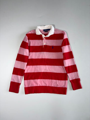 Ralph Lauren Pink & Red Striped Rugby Shirt with White Collar and Blue Pony Logo, Size (M)