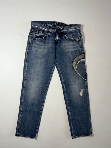 Vintage Guess Blue Embroidered Distressed Denim Jeans (W:30) (L:35)