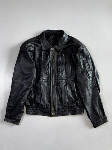 Vintage Black Pleated Leather Trucker Jacket Zip-Front Genuine Leather Jacket (L)