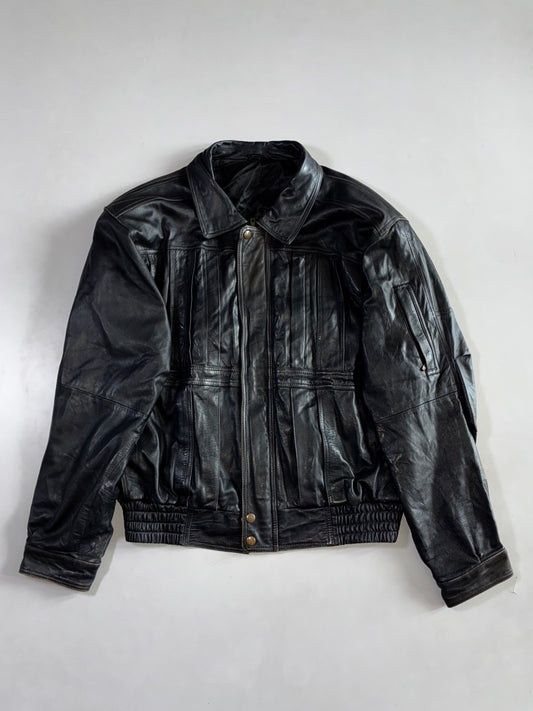 Vintage Black Pleated Leather Trucker Jacket Zip-Front Genuine Leather Jacket (L)
