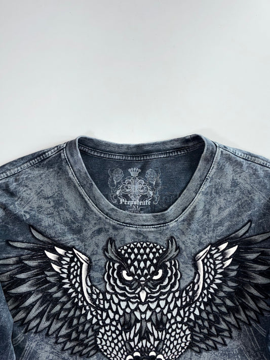 Prepotente Acid Wash Owl Embroidered Long Sleeve Tee (L)