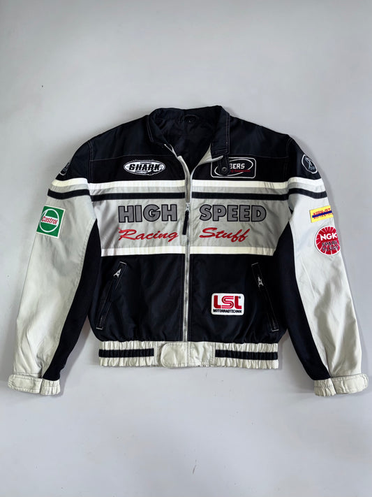 Vintage “High Speed Racing” Motobike x Polo Racing Jacket — Castrol / NGK / Shark Exhaust / LSL Patches (L/XL)