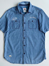 Edo Katsu Indigo Blue Check Embroidered Wave Short Sleeve Shirt – (M)