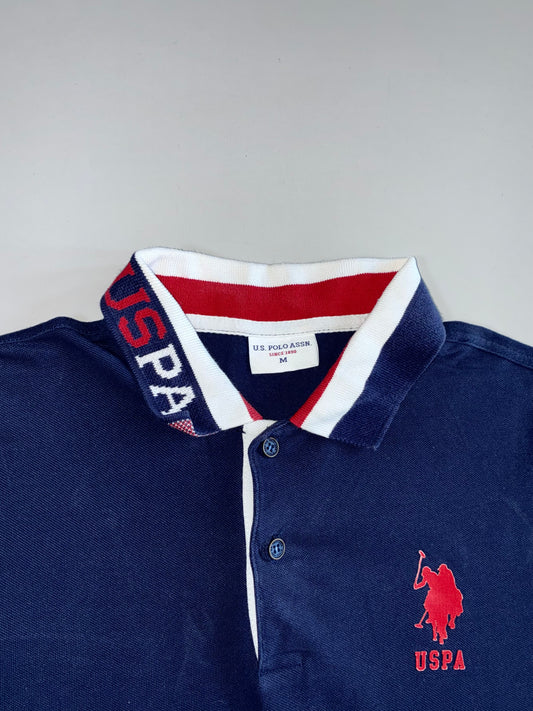 U.S. Polo Assn. USPA Polo Team Vertical Text Navy Blue Red White Tipped Collar Pique Cotton Polo T-Shirt (M)