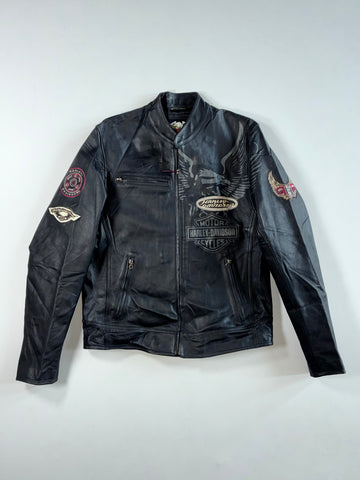 Harley-Davidson Black Leather Eagle Graphic Biker Jacket with Patches (M)