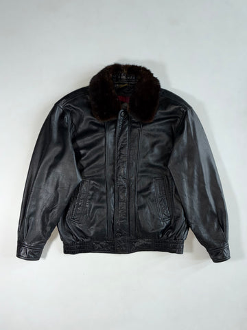 Vintage Ventura Leather Jacket – Black – Fur Collar – Burgundy Lining (XL)