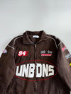 UNBDNS International Champions #94 Checkered Flag Multi-Patch Embroidered Brown Bomber Jacket (L/XL)