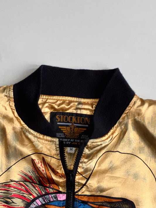 Vintage Stockton Satin Bomber Jacket Abstract Face Art Print – Gold – (L)