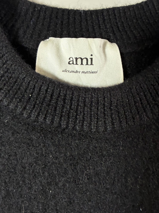 AMI Paris Black Wool Sweater with Red Heart Logo (L)