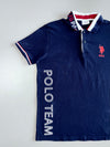 U.S. Polo Assn. USPA Polo Team Vertical Text Navy Blue Red White Tipped Collar Pique Cotton Polo T-Shirt (M)