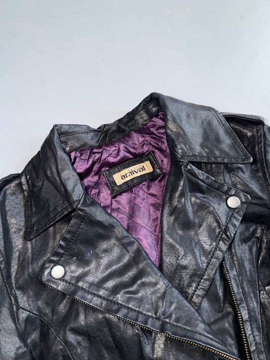 Arrival Black Leather Biker Jacket | Purple Lining Moto Style Womens (XS)