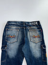 Win-Top Y2K Skull Flame Embroidered Tribal Stitch Cargo Pocket Heavy Whisker Wash Baggy Denim Jeans (W:36 |L:39)