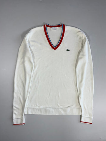 Lacoste! Tipped V-Neck Cricket Sweater – White/Red/Blue (L)