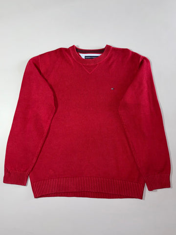 Tommy Hilfiger Red Crewneck Knit Sweater – Chambray Neck Detail (XL)
