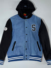 Superman Denim Varsity Hooded Jacket – Blue Denim/Black, Letterman “S” Patch (L)
