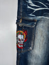 Win-Top Y2K Skull Flame Embroidered Tribal Stitch Cargo Pocket Heavy Whisker Wash Baggy Denim Jeans (W:36 |L:39)