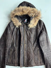 Papion Faux Fur Hooded Brown Leather Jacket Women's (S)