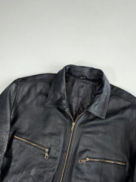 Vintage Black Leather Zip Jacket with Chest Zip Pockets, Made in India (2XL)