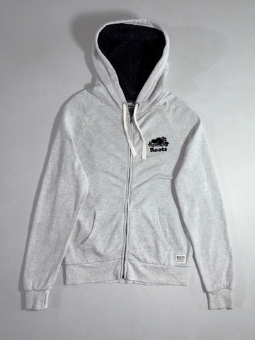 Roots Canada Heather Grey Zip-Up Hoodie with Beaver Logo & Charcoal Lined Hood (M)