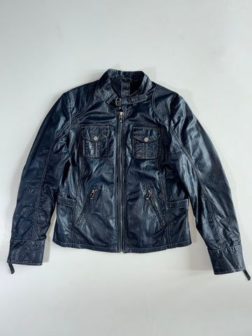 Vintage Gipsy Navy Blue Leather Racer Jacket – Contrast Stitch Women’s (S)