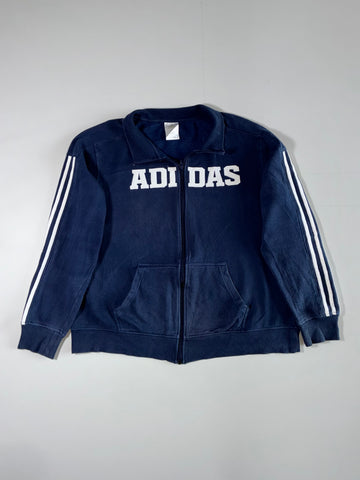 Adidas Navy Full-Zip Fleece Sweatshirt Jacket – Spellout Logo & 3-Stripes (XL)