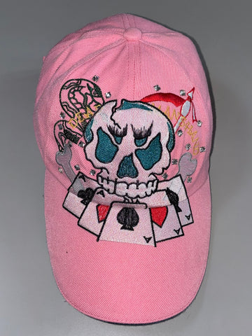 Pink Skull “Dead Man’s Hand” Cap – Rhinestone Tattoo Art (Adjustable)