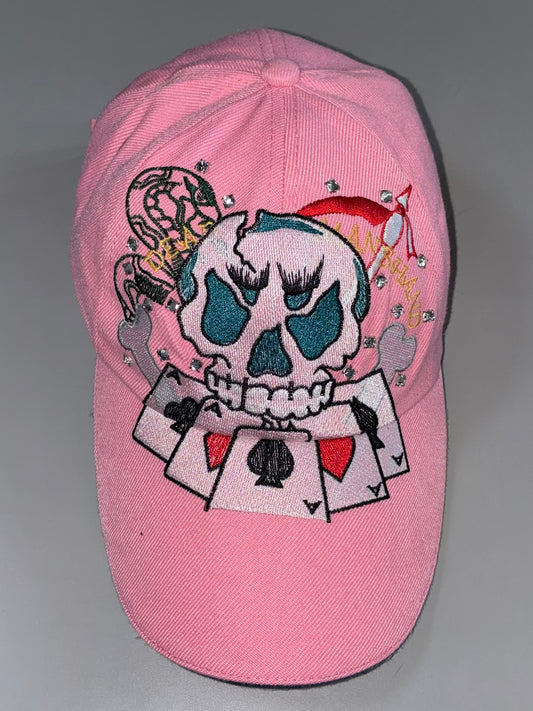 Pink Skull “Dead Man’s Hand” Cap – Rhinestone Tattoo Art (Adjustable)