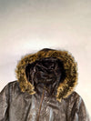 EMC Women’s Dark Brown Leather Hooded Jacket – Faux Fur Trim (M)