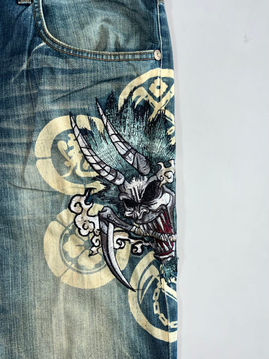 Oni Rrai Embroidered Demon Graphic Denim Jeans (W:36|L:43)