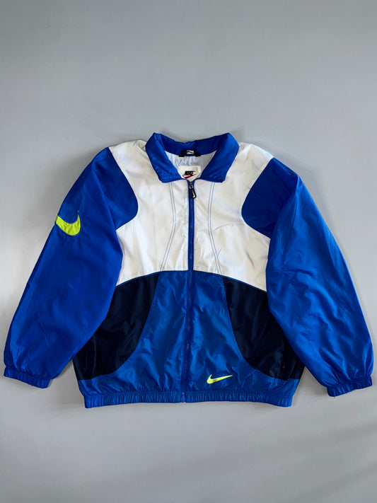 Vintage 90s Nike Colorblock Windbreaker Jacket | Blue White Navy Neon Swoosh (2XL/3XL)