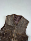 Vintage Distressed Leather Utility Vest – Dark Brown – 4 Pocket Zip Up (S)