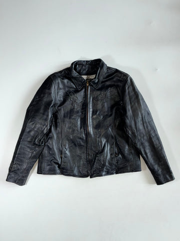 Vintage Screamin’ Eagle Black Leather Jacket with Embossed Tribal Butterfly (M)
