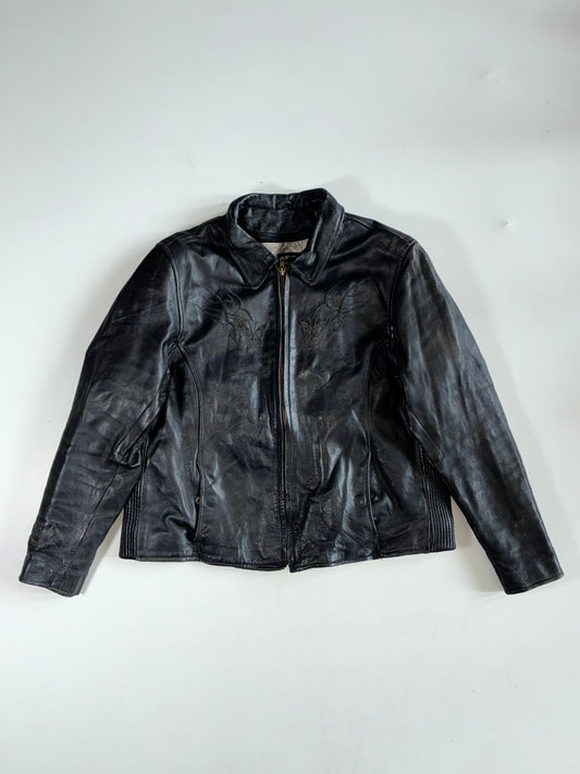 Vintage Screamin’ Eagle Black Leather Jacket with Embossed Tribal Butterfly (M)
