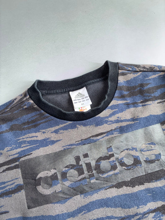 Adidas All-Over Camo Print Sweatshirt | Blue Grey Tiger Camo | Big Logo (S)