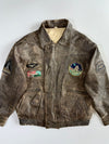 Authentic Avirex LTD Vintage Distressed Brown Leather Flight Bomber Jacket w/ Map Lining & Patches — Space Shuttle / Lunar Landing / LA Police / Aviation Wings (XL)
