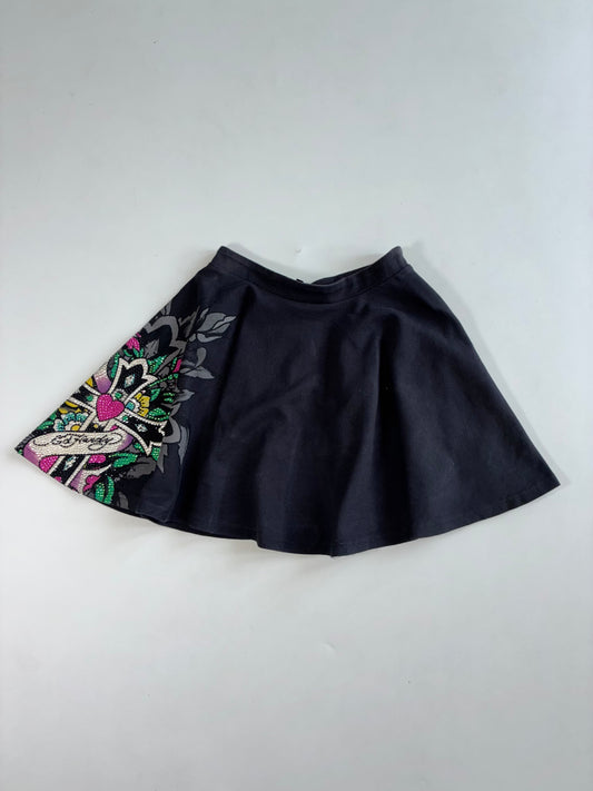 Y2K Ed Hardy Black Rhinestone Tattoo Flare Mini Skirt (L:17) (W :26)