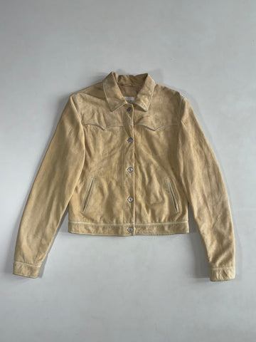 Closed Tan Suede Western Yoke Jacket with Piped Trim & Snap Buttons (S)