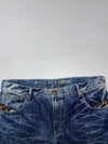 Japanese Oni Leather-Patch Brocade Panel Jeans embroidered (W:42) (L:44.5)