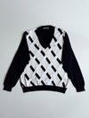 Lacoste Black & White Geometric Argyle V-Neck Sweater – Size (S)