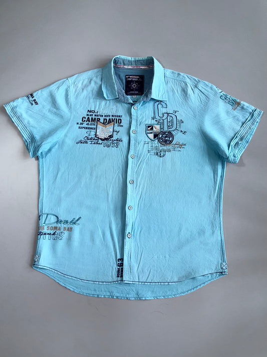 Camp David Blue Linen Blend Embroidered Short Sleeve Shirt (2XL)