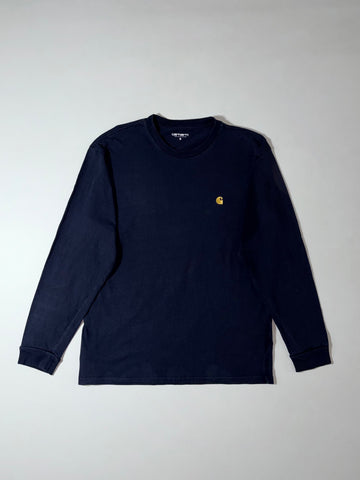 Carhartt WIP Navy Long Sleeve Chase Tee Gold Logo, (M)