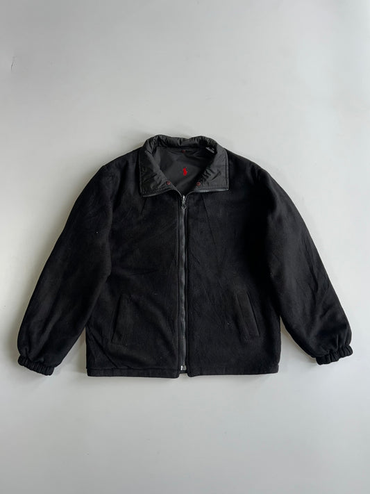 Reversible Jacket | Nylon Windbreaker & Fleece | Black with White Stripe Sleeves | Inspired Piece (S/M)