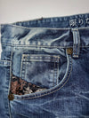 Japanese Oni Leather-Patch Brocade Panel Jeans embroidered (W:42) (L:44.5)