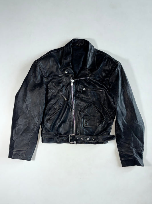 Vintage Leather Biker Jacket – Black – Belted Asymmetric Zip (M/L)