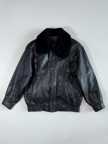Vintage Playboy Black Leather Fur-Collar Aviator Bomber Jacket (L)