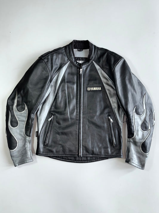 Yamaha Motor Official Genuine Leather Biker Jacket with 3M Scotchlite Reflective Silver Flame Graphic Extremely RARE  (M/L)