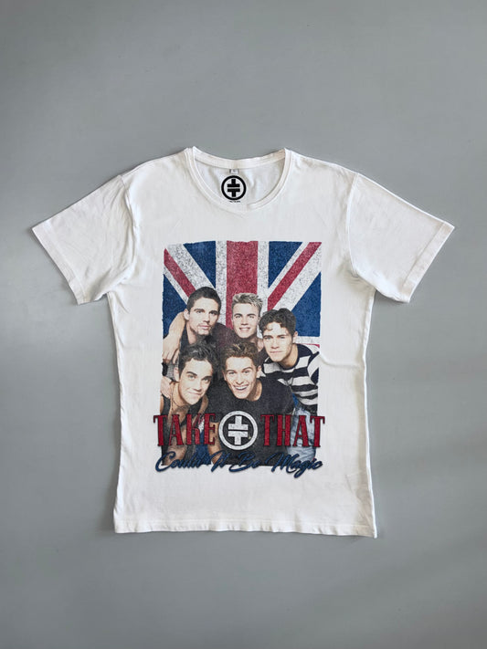 Take That “Could It Be Magic” White Band Tee Union Jack Vintage Graphic (L)