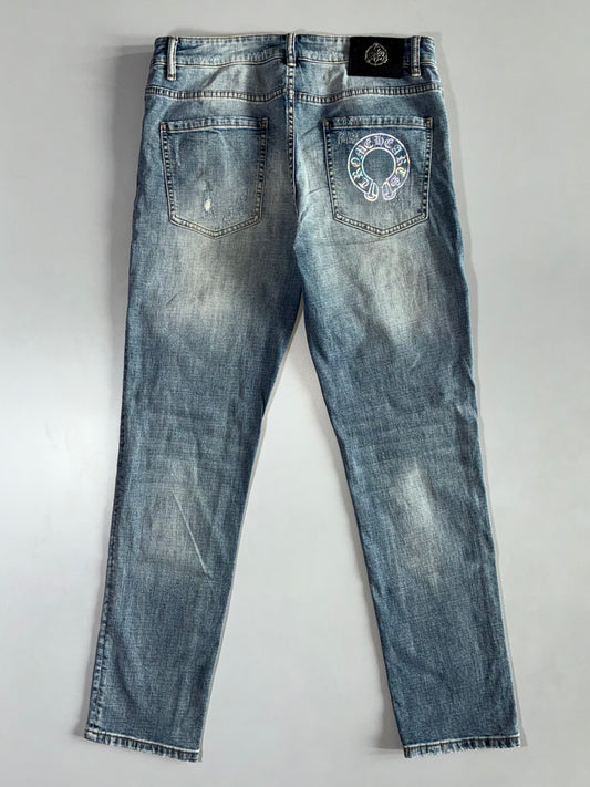 Chrome Hearts (CH) Distressed Denim Jeans with Holographic Graphic (W:34|L:41)