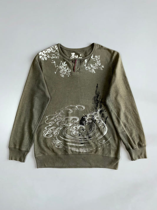 Vintage Big Train Back Print Tiger  Crewneck Sweatshirt | Olive (L)
