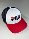 FILA Classic Logo White Navy Red Trucker Mesh Cap (Adjustable)